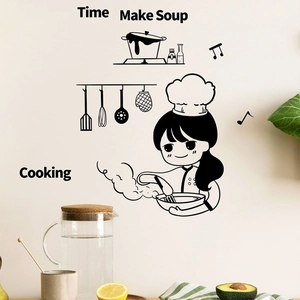 Cartoon cute chef girl wall sticker with kitchen utensils and Time Make Soup text