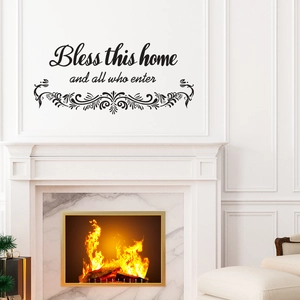 Bless this home quote wall sticker with black lettering and elegant scroll designs