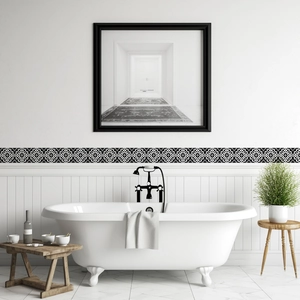Detail of vintage black and white mandala wall border sticker applied in a modern bathroom