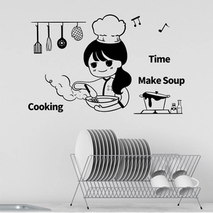 Cartoon female chef wall sticker with cooking utensils and slogan for kitchen decor