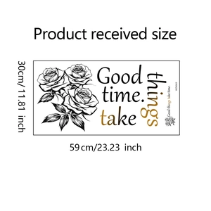 Detail showing 'Good things take time' wall sticker with rose design, 30x59cm size label