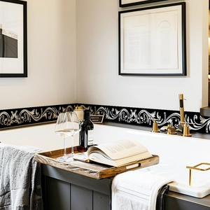 Self-adhesive black floral wall sticker border for elegant bathroom and home decoration