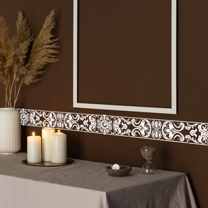 White baroque relief wall border sticker with floral pattern for living room decoration