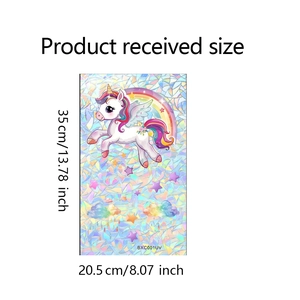 Detailed view of rainbow unicorn static window sticker showing 35x20.5cm dimensions