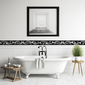 Self-adhesive black and white vintage floral waist line wall stickers for bathroom decor