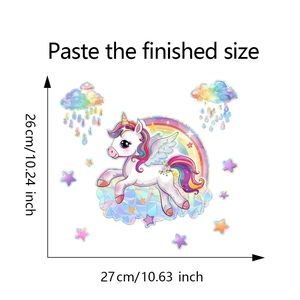 Detailed size guide for unicorn and rainbow cloud static window sticker set