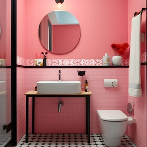 Detail of self-adhesive embossed floral border sticker on pink bathroom wall tile
