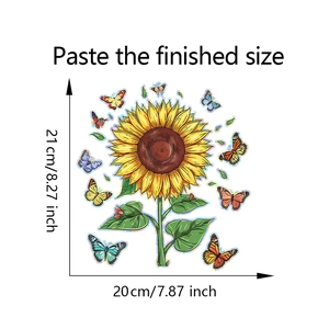 Close-up of holographic 3D sunflower and butterfly static window film with dimensions