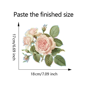 Detail view of colorful rose and green leaf window film showing 18x17cm dimensions