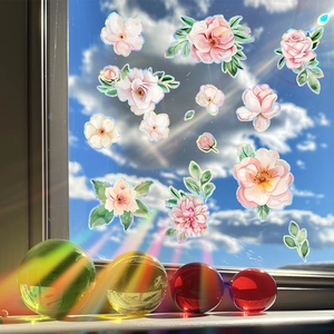Peony flower static window film with rainbow holographic effect for glass decoration