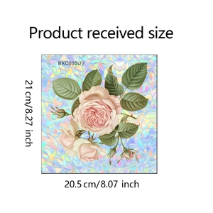 Detailed size chart showing 21x20.5 cm dimensions of rose stained glass window sticker