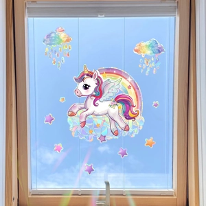 Static unicorn and rainbow window stickers with rainbow prism effect on glass