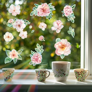 Peony flower static glass window stickers with rainbow prism effect for home decoration