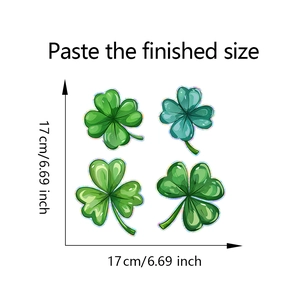 Detail showing laser rainbow clover window stickers with dimension of 17cm and 6.69 inches
