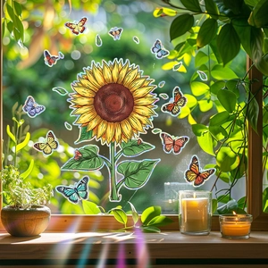 Sunflower Butterfly Suncatcher Window Cling Static Glass Sticker Holographic Rainbow Prism Decal Home Decoration Window Film