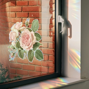 Rainbow 3D rose flower window film with decorative static cling and colorful light effects