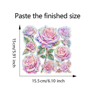 Detail view of laser holographic pink rose window sticker with dimensions 15.5x15cm