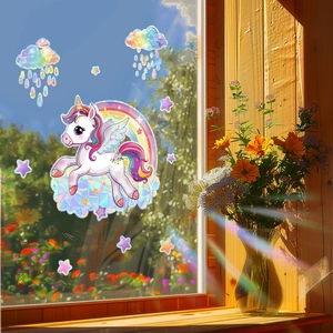 Rainbow unicorn and clouds static window film decals for home suncatcher decoration