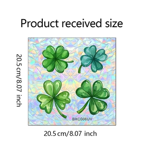 Detailed view of lucky clover static window cling size 20.5cm with rainbow crystal texture