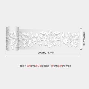 Detail view of white baroque floral wall sticker roll showing 10x200cm dimensions