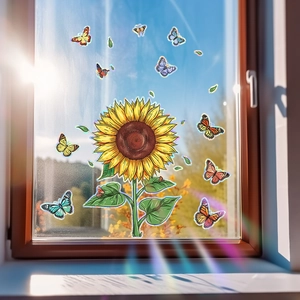 Rainbow effect sunflower and butterfly static cling window decals for home glass decoration