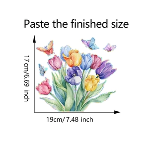 Detail showing the finished size dimensions for watercolor tulip and butterfly decals