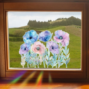 Autocollants de fenêtre holographiques arc-en-ciel avec pavots violets à l'aquarelle