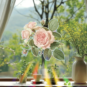 Floral static window film with pink roses and rainbow laser edges for glass decoration
