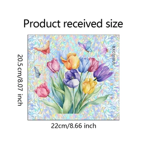 Detail showing colorful tulip and butterfly window cling with size 22cm x 20.5cm specs