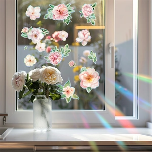 Peony flower static window cling with laser rainbow effect for sunlit glass decoration