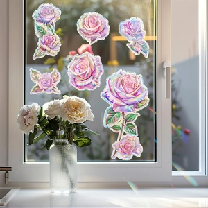 Holographic pink rose window decals with laser effect for home glass decoration