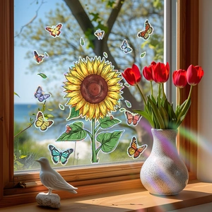 Rainbow sunflower and butterfly static window decals with holographic laser light effect