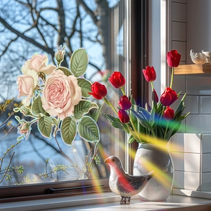 Rainbow rose floral static window cling with prism light effect for home glass decor