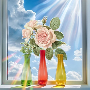Creative 3D Static Cling Window Sticker Rainbow Prism Effect Rose Flower Pattern Removable PVC Decorative Film For Home Glass Decoration