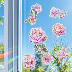 Vibrant laser rainbow pink rose window stickers for home balcony glass decoration