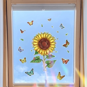 Rainbow sunflower and butterfly static window cling set on sunny sky background