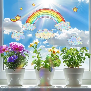 Rainbow cloud and star window prism stickers creating colorful light effects in sunlight