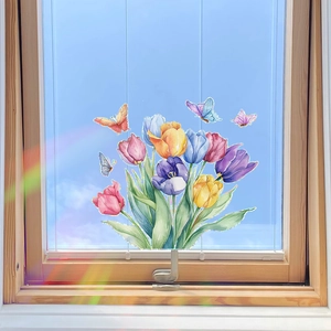 Colorful tulip flowers and butterflies static window cling for home glass decoration