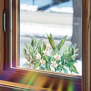 Static cling glass window film with lily flower and green leaf design with rainbow effect