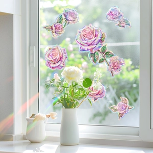 Holographic pink rose window stickers with rainbow light effect for balcony glass decoration