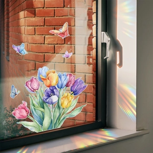 Colorful tulip and butterfly static cling window decals with rainbow light effects