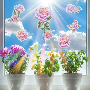 Holographic pink rose static window clings with iridescent floral design for home decoration