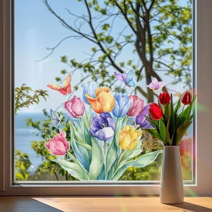 Rainbow effect tulip and butterfly static window clings for home glass decoration