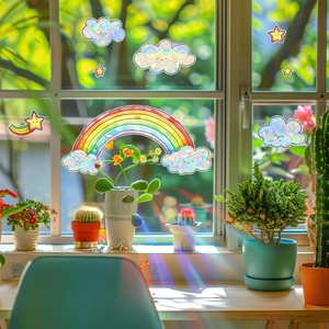 Rainbow cloud and star suncatcher window decals with prism laser effect for home decor