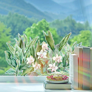 Rainbow holographic lily static window film with floral orchid and leaf patterns for home