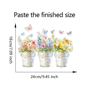 Size chart showing dimensions for watercolor floral bucket and butterfly window stickers