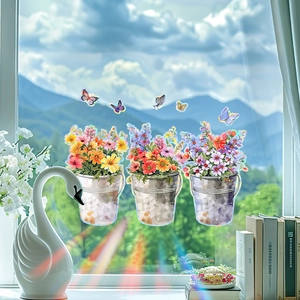 Stickers de fenêtre arc-en-ciel avec seaux de fleurs et papillons sur vue montagne