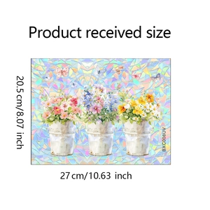Static cling glass film detail showing 20.5x27cm size with floral bucket patterns