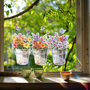 Autocollants de fenêtre statiques seau à fleurs et papillons avec motif aquarelle