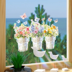 Rainbow butterfly and flower iron bucket window film sun catcher static cling